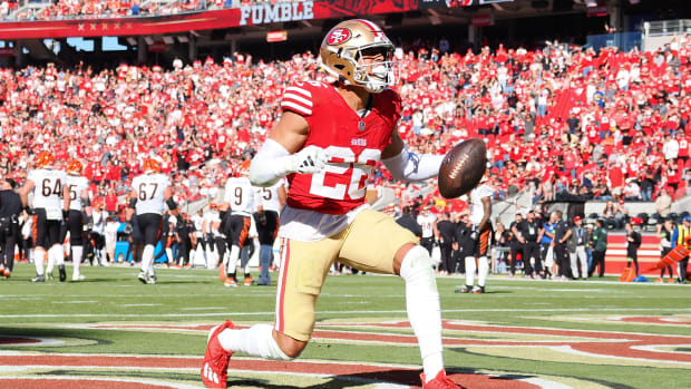 Oct 29, 2023; Santa Clara, California, USA; San Francisco 49ers cornerback Isaiah Oliver (26) celebrates after recovering a fumble against the Cincinnati Bengals during the second quarter at Levi's Stadium